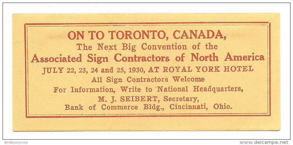 C1-08 CANADA 1930 Toronto Associated Sign Contractors MLH - Vignettes Locales Et Privées