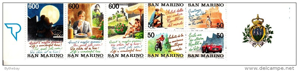 San Marino Booklet Scott #1262a Pane Of 7 Tourism: Crossbowman, Tennis, Motorcycle, Race Car, Couple, Man, Woman - Libretti