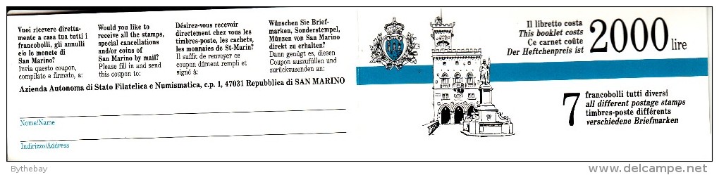 San Marino Booklet Scott #1262a Pane Of 7 Tourism: Crossbowman, Tennis, Motorcycle, Race Car, Couple, Man, Woman - Carnets