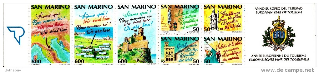 San Marino Booklet Scott #1209a Pane Of 7 Tourism: Statues, Palace, Flag, Map Of Italy, Mt. Titano, Rocca Guaito - Carnets