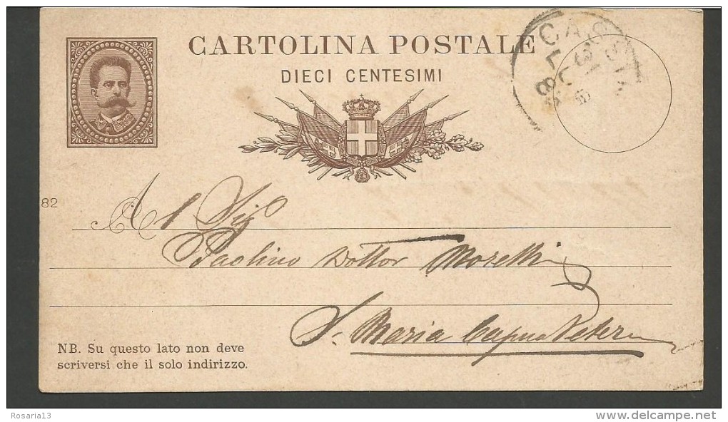 USP6---STORIA POSTALE,  UMBERTO  I.   INTERO  POSTALE,   CASSINO---SANTA MARIA CAPUA VETERE, - Interi Postali