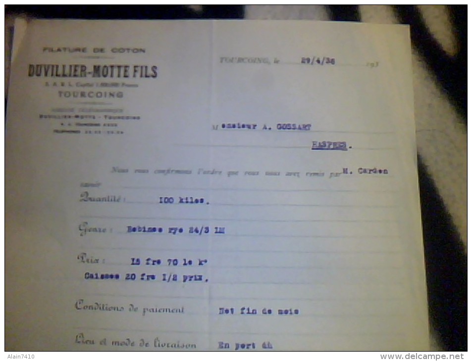 Vieux Papiers Facture  Fillatures  De Coton Duvilliers Motte & Fils A Haspres Annee D   Emission 1930 - Autres & Non Classés