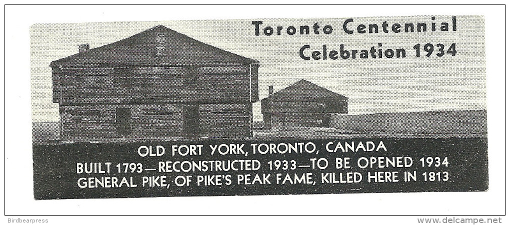 C4-11 CANADA 1934 Toronto Centennial Celebration Fort York MHR - Vignette Locali E Private