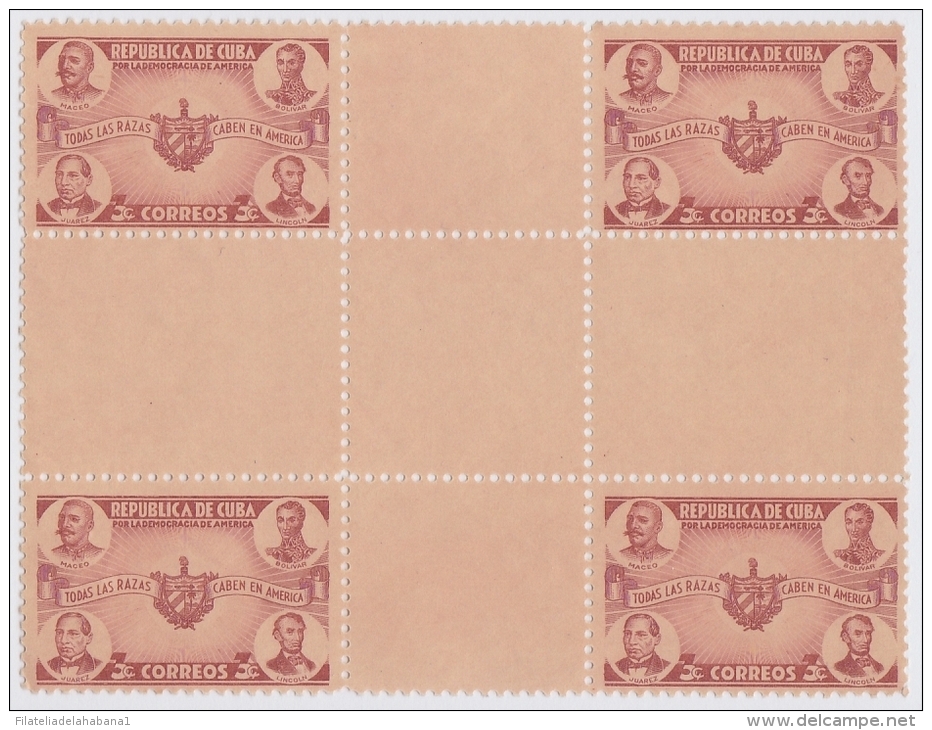 1942-147. CUBA. REPUBLICA 1942 Ed.349CH 2c DEMOCRACIA PERF CENTRO DE HOJA CENTER OF SHEET. MNG NO GUM. - Ungebraucht