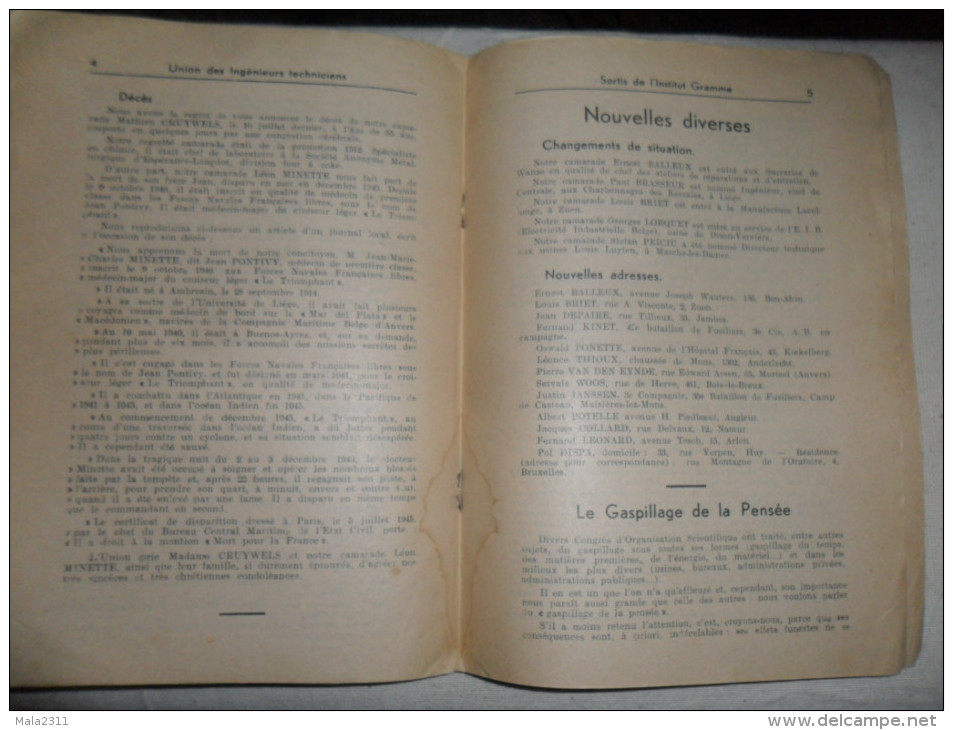 ANCIEN BULLETIN INTERIEUR DES INGENIEURS TECH. SORTIS DE L'INST. GRAMME  / AOUT 1945 - Documents Historiques