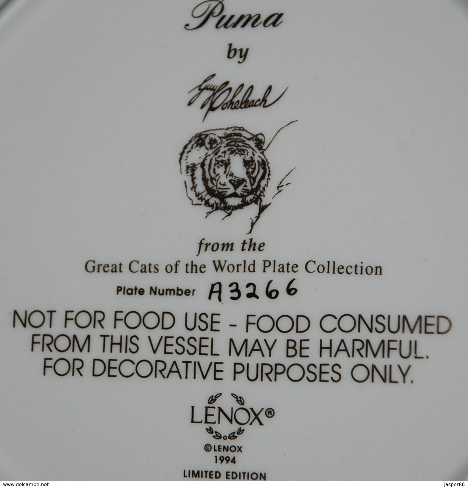 PUMA COLLECTABLE PLATE, Wild Animals LENOX, T10 - Other & Unclassified