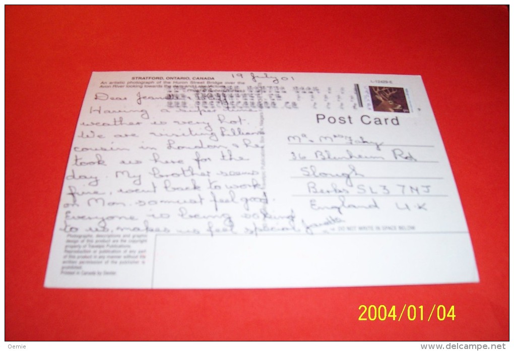 M 351 ° CANADA   AVEC PHILATELIE  ° STRATFORD 19 07 2001 - Cartes Modernes