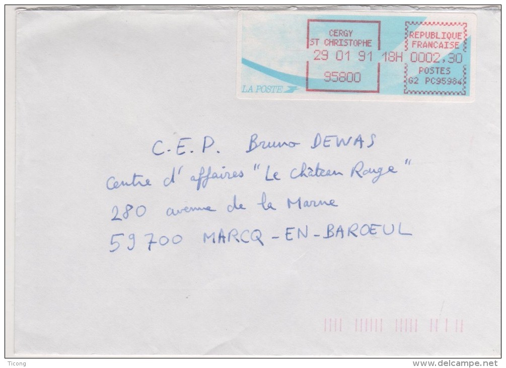 VIGNETTE GERGY SAINT CHRISTOPHE 1991 95800 VAL D OISE -   TYPE COMETE SUR LETTRE - VOIR LE SCANNER - 1988 Type « Comète »