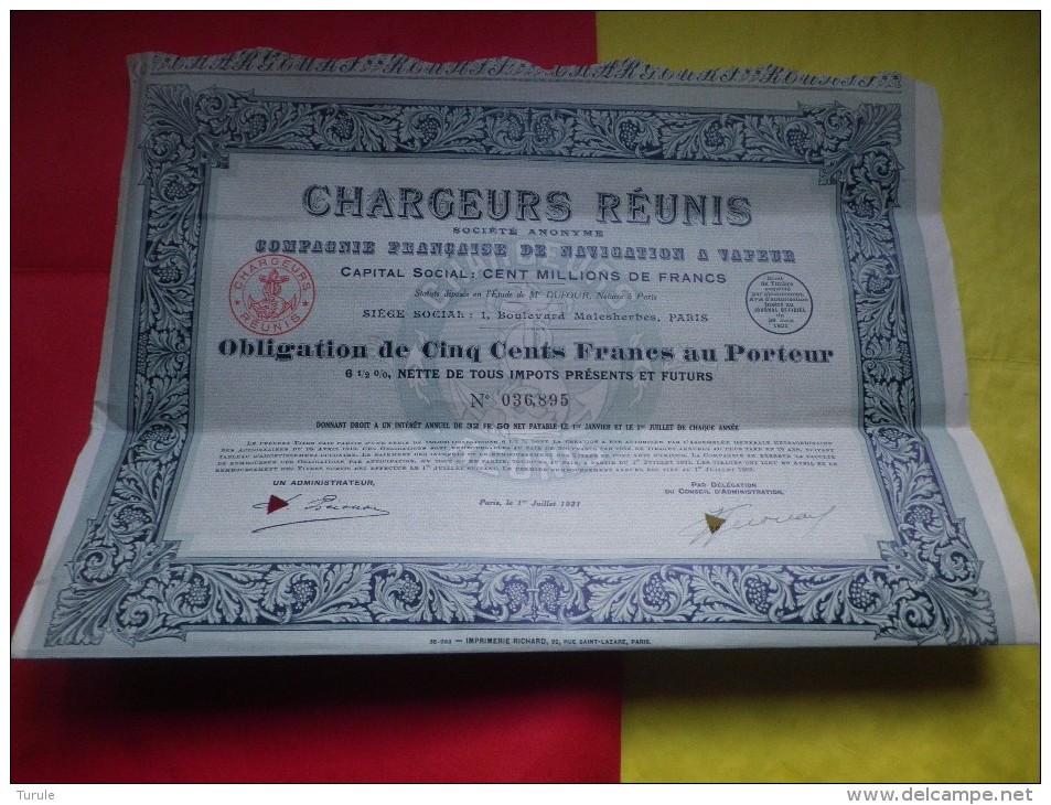 CHARGEURS REUNIS Compagnie Française De Navigation A Vapeur (1921) Imprimerie RICHARD - Other & Unclassified