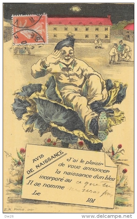 Avis De Naissance D´un Bleu Incorporé Au... - Illustration Militaire Dans Un Chou - Edition E.A. Paris - Humour