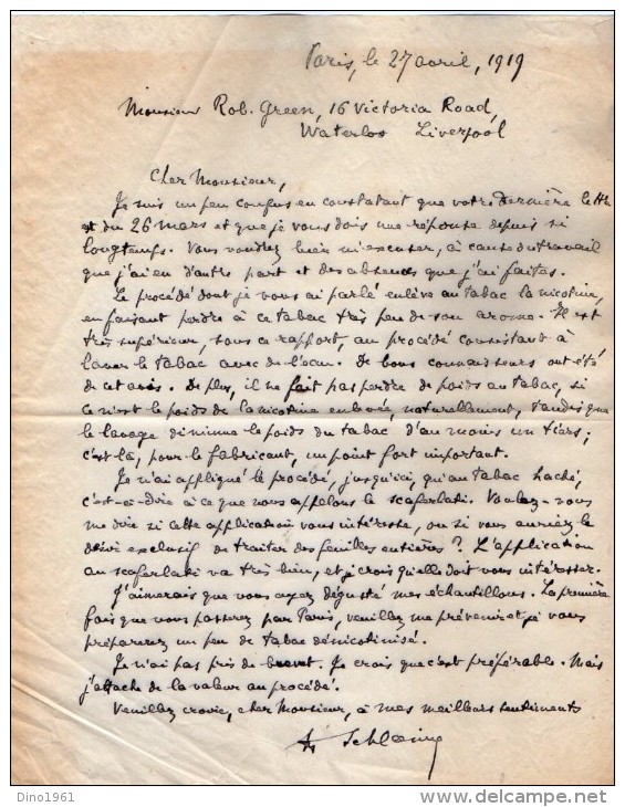 VP3514 - Lot De Documents Concernant Le Tabac à PARIS Pour LIVERPOOL & BRISTOL Tabacco Company - Documentos