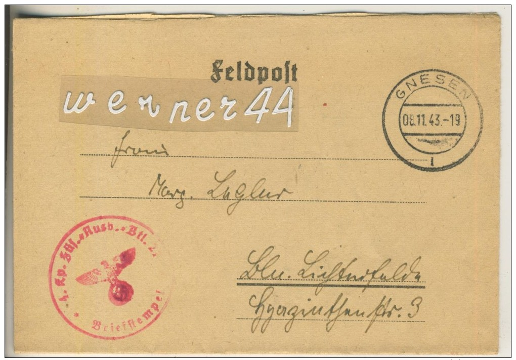 Gnesen / Warthegau,Lager Süd V. 8.11.1943  Nach Berlin-Lichtenberg,Hyazinthenstr. 3  II.  (46550) - Posen