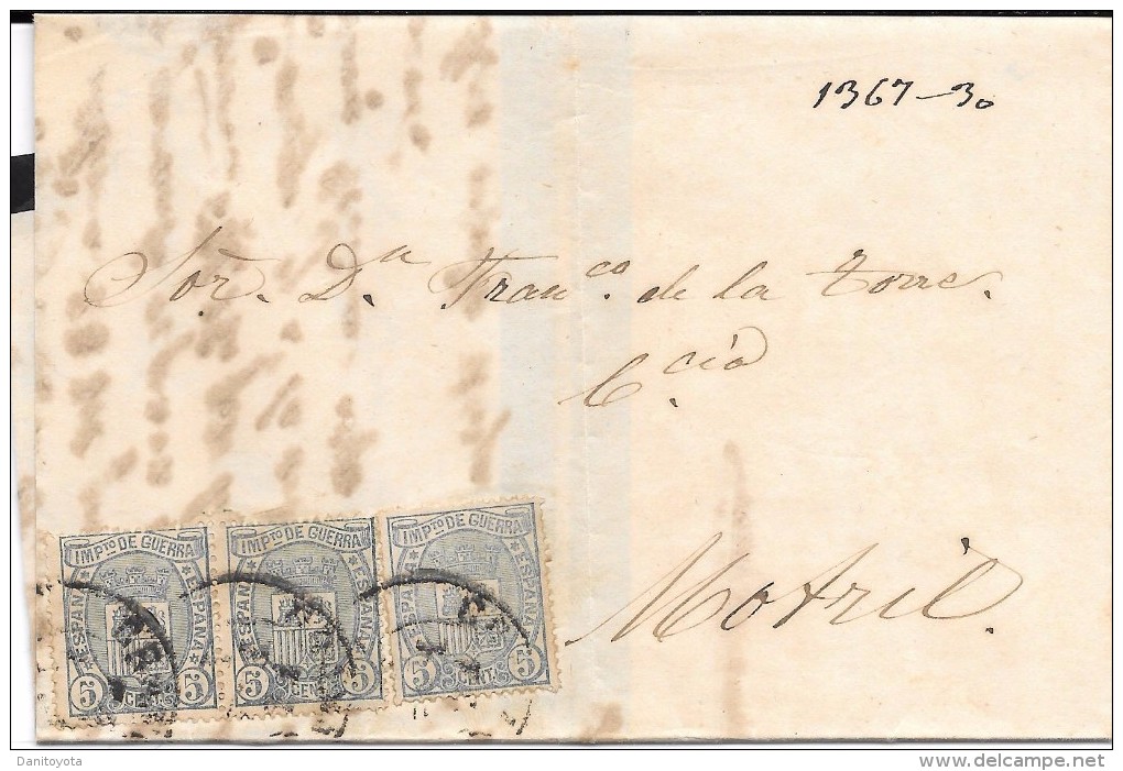 España. 1875. Granada A Motril. Carta Con 3 Sellos Impuesto De Guerra, Edifil Nº 154 - Storia Postale