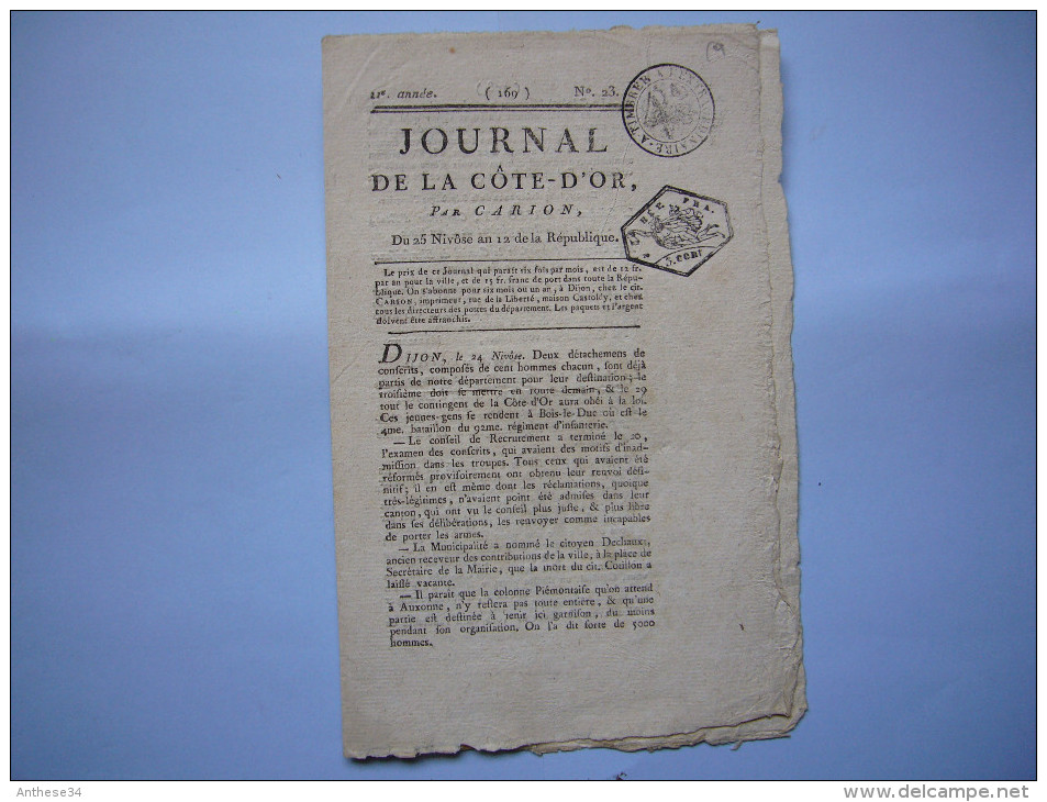 Journal De La Côte D'or Révolution An 12 De La République N°23 Par Carion Tampons - Historische Documenten