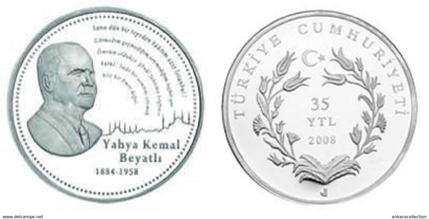 AC - YAHYA KEMAL BEYATLI TURKISH POET AND AUTHOR COMMEMORATIVE SILVER COIN TURKEY 2008 PROOF UNC - Zonder Classificatie