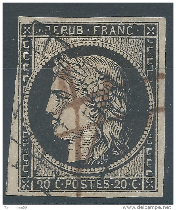 Lot N°30563   Variété/n°3, Oblit Grille Barré A La Plume ROUGE, Filet NORD Et SUD, Clair - 1849-1850 Ceres