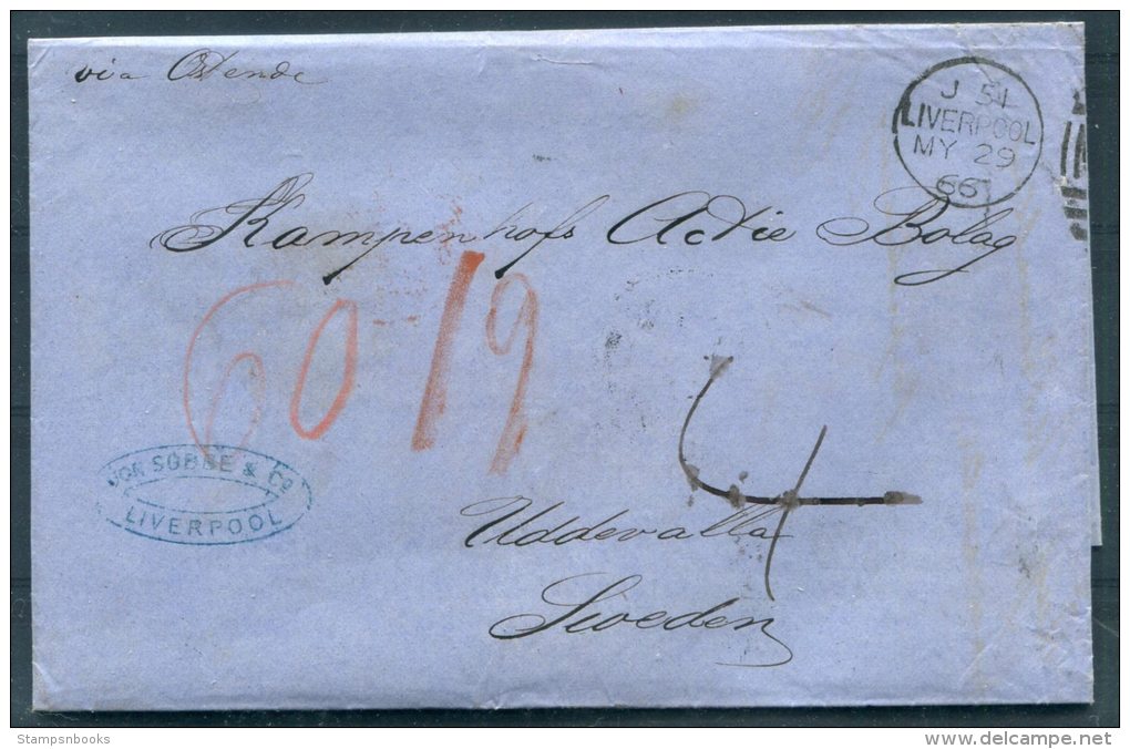 1866 GB Liverpool Von Sobbe &amp; Co. Stampless Entire - Uddevalla, Sweden Via London Sodra St.Banan - Other & Unclassified