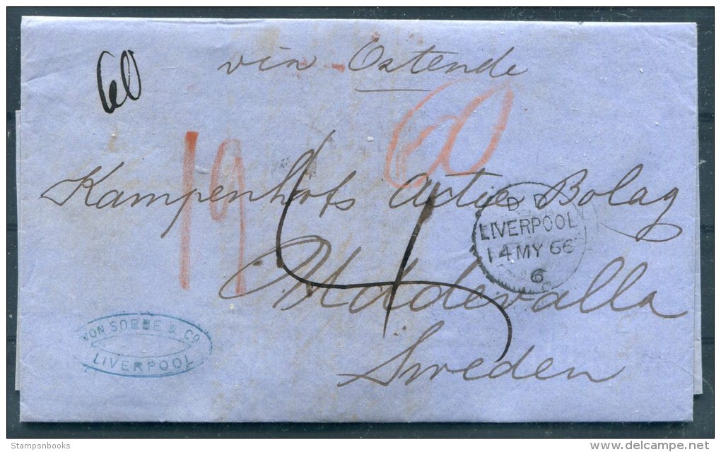 1866 GB Liverpool Von Sobbe &amp; Co. Stampless Entire - Uddevalla, Sweden Via London, Denmark KDPA Lubeck - Other & Unclassified