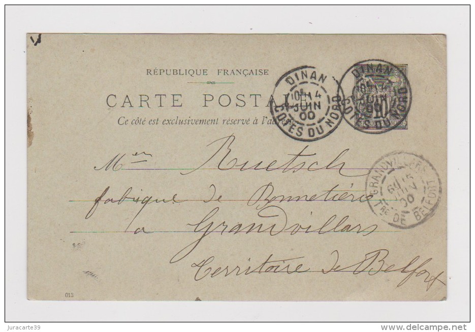 1900.Entier Postal Type Sage Avec Cachet Commercial De La Mercerie Marie Ramard 3 Rue De La Poissonnerie à Dinan.22. - 1877-1920: Période Semi Moderne