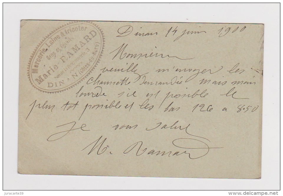 1900.Entier Postal Type Sage Avec Cachet Commercial De La Mercerie Marie Ramard 3 Rue De La Poissonnerie à Dinan.22. - 1877-1920: Période Semi Moderne