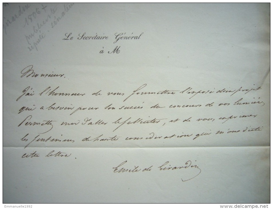 Lettre Autographe De Emile De Girardin Journaliste Homme Politique 1802-1881 Second Empire - Personnages Historiques