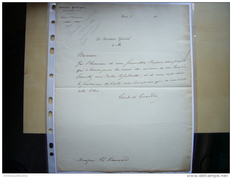 Lettre Autographe De Emile De Girardin Journaliste Homme Politique 1802-1881 Second Empire - Personajes Historicos