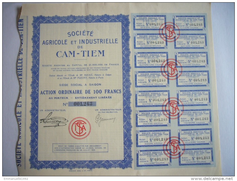 Action Titre Bons Indochine Cochinchine Saigon - Société Agricole Et Industrielle De Cam-Tiem 1936 - Asie