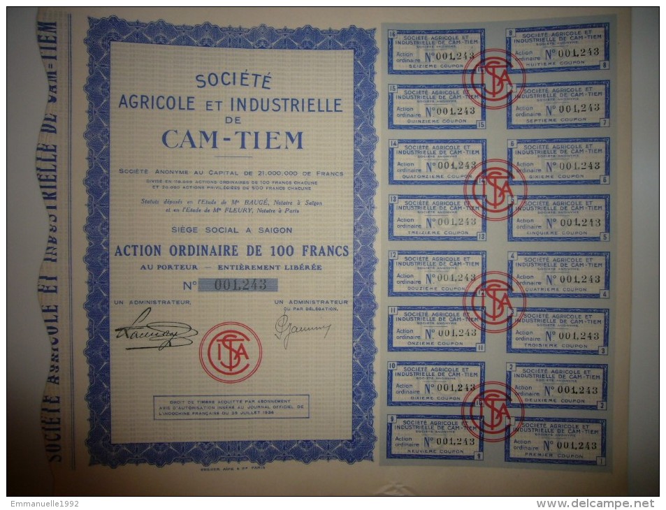 Action Titre Bons Indochine Cochinchine Saigon - Société Agricole Et Industrielle De Cam-Tiem 1936 - Asie