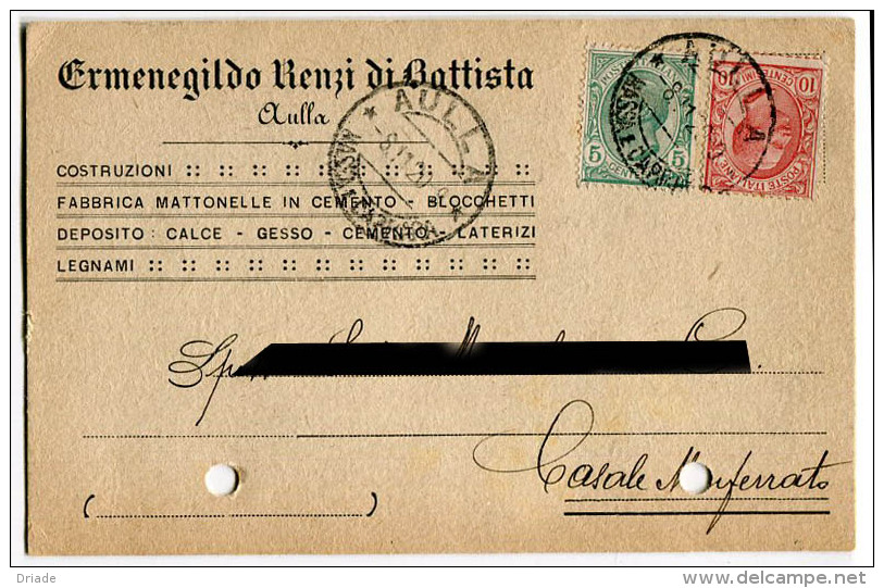 CARTOLINA COMMERCIALE MATERIALI DA COSTRUZIONE EDILIZIA ERMENEGILDO RENZI DI BATTISTA AULLA MASSA VIAGGIATA ANNO 1920 - Massa