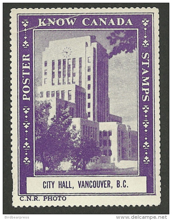 B02-11 CANADA Know Canada Series 1938 MNG City Hall Vancouver BC - Viñetas Locales Y Privadas