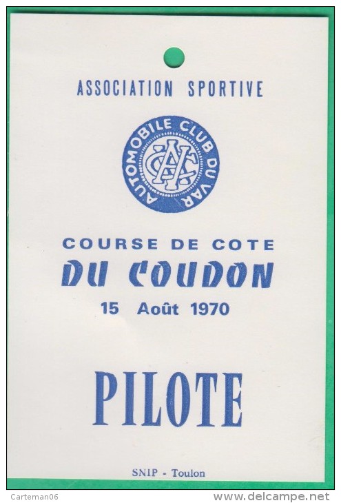 Automobile - Carte Pilote  - Automobile Club Du Var - Course De Cote Du Coudon (Toulon) - Automobile - F1