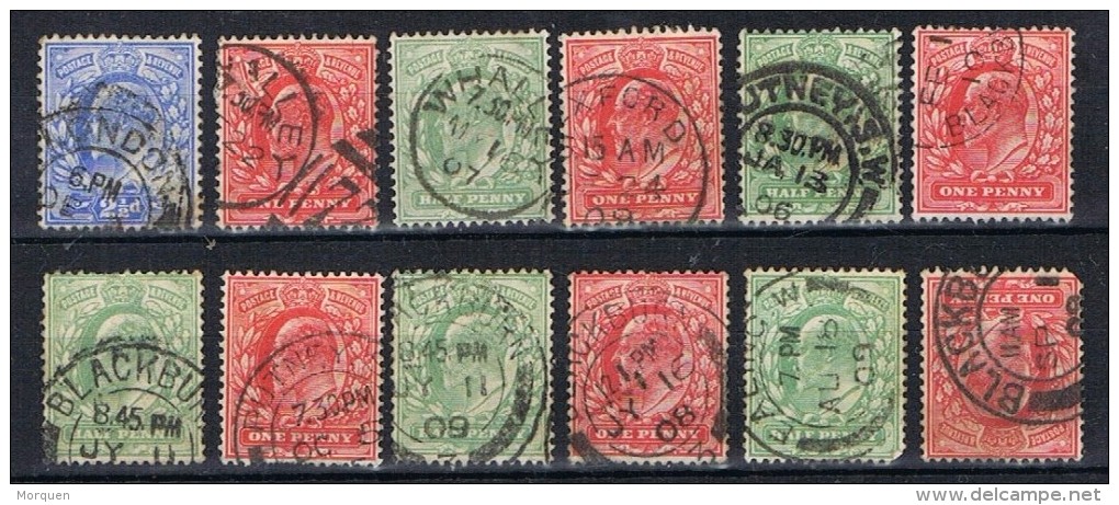 Lote De 12 Sellos GRAN BRETAÑA (england) Diversos Fechadores Legibles 1906-1909 º - Usati