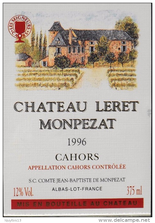 ETIQUETTE De VIN  " CHÂTEAU LERET MONTPEZAT - CAHORS 1996 " 12° - 37,5cl - En Très Bon Etat - - Cahors