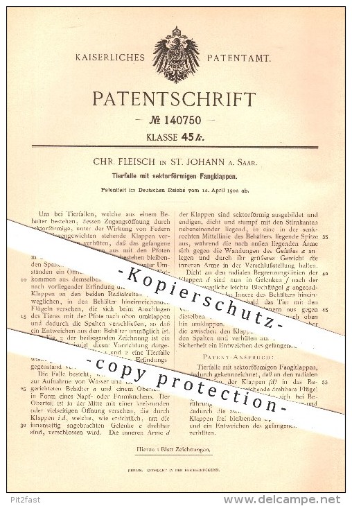 Original Patent - Ch. Fleisch , St. Johann / Saar , 1902 , Tierfalle Mit Sektorfrömigen Fangklappen , Falle , Tierfallen - Historische Dokumente