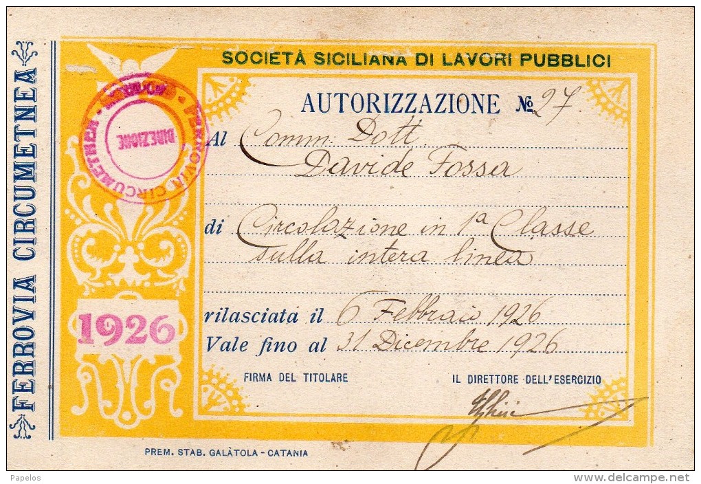 1926 TESSERA FERROVIA CIRCUMETNEA - Altri & Non Classificati