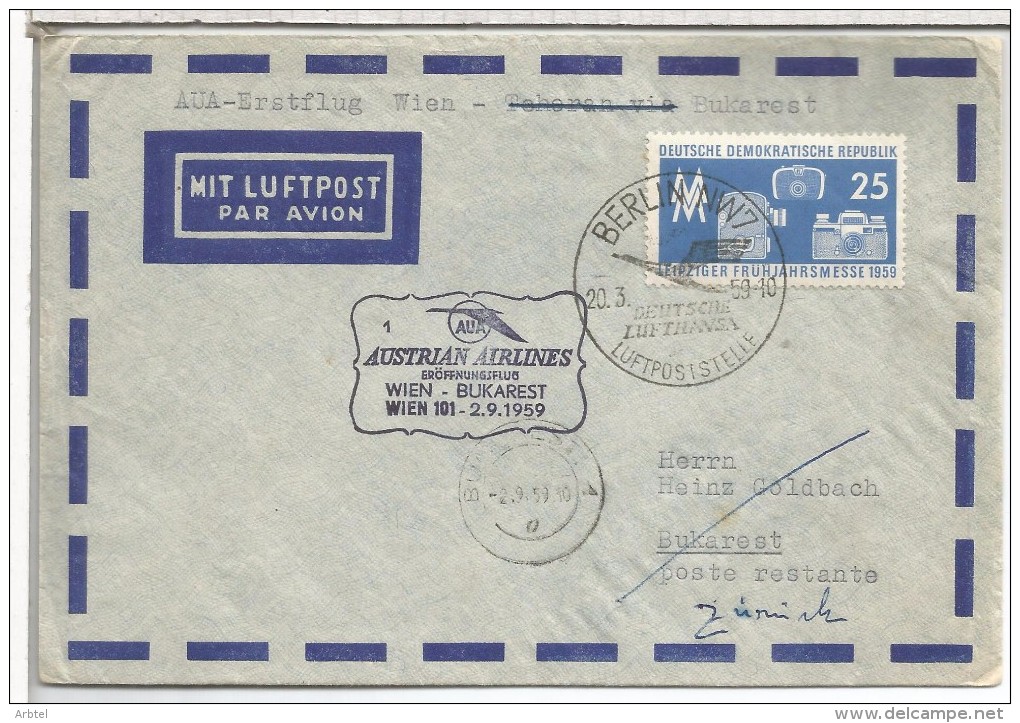 ALEMANIA BERLIN DDR CC PRIMER VUELO WIEN BUKAREST 1959 AUSTRIAN ARLINES - Primi Voli