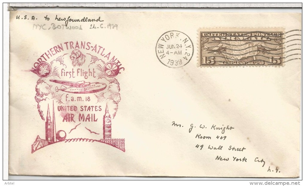 USA 1939 CC PRIMER VUELO FAM 18 NEW YORK BOTWOOD TERRANOVA BIG BEN - Cartas & Documentos