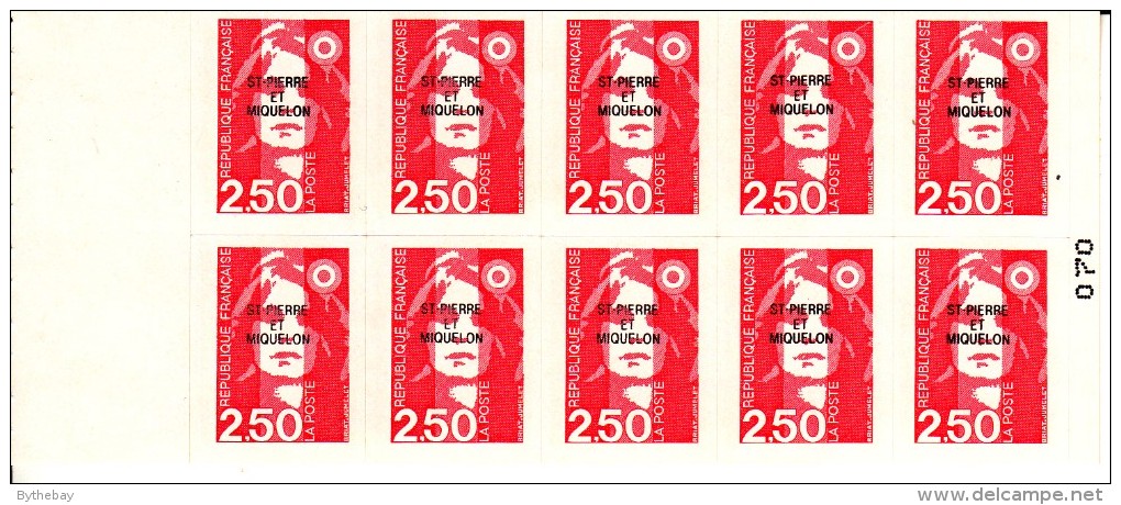 St Pierre Et Miquelon 1992 Booklet Scott #545a Pane Of 10 Overprint On France 2.50fr Marianne - Libretti