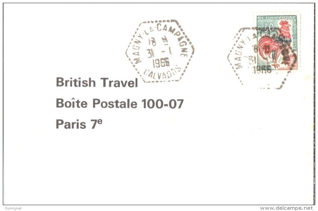 2464 MAGNY La CAMPAGNE Calvados Lettre  0,30 F Coq Yv 1331 Ob 31 1 1966  Hexagone Pointillé Agence Postale Lautier F7 - Storia Postale