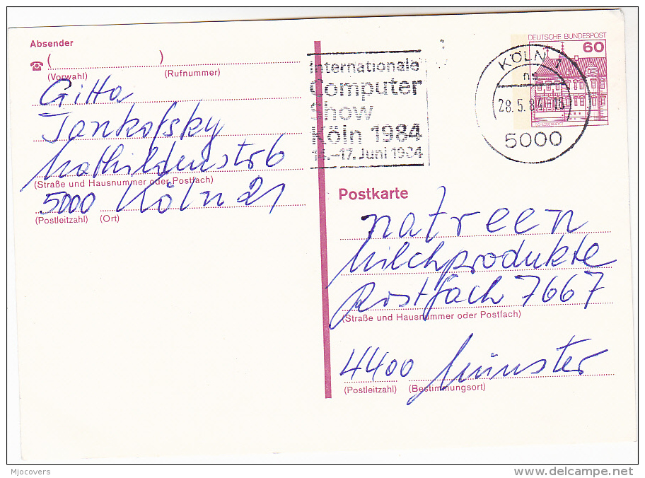 1984 Koln GERMANY Postal STATIONERY CARD SLOGAN Pmk INTERNATIONAL COMPUTER COMPUTER SHOW Computing Cover Stamps - Computers