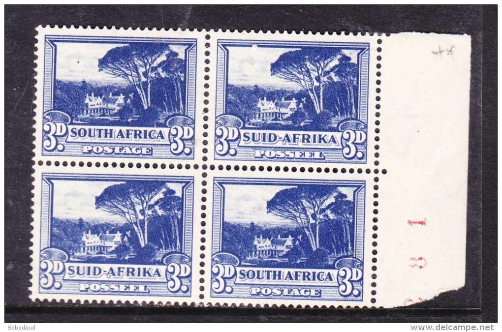 South Africa,1951, 3d L Blue, Groote Schuur. Block Of 4,  Selvedge + Part  Sheet No,  MNH ** - Unused Stamps
