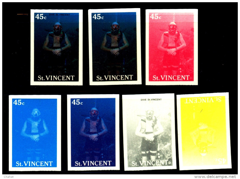 SPORTS-DEEP SEA DIVING-COLOR TRIALS-IMPERF-FULL SET OF 7-St VINCENT-EXTREMELY SCARCE-MNH-B9-252 - Plongée