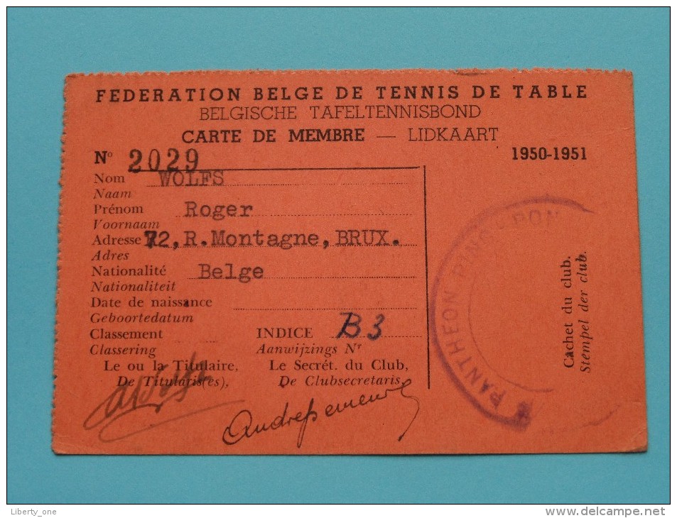 Carte De Membre - Lidkaart WOLFS Bruxelles 1950-51 N° 2029 ( Zie Foto Voor Détails ) ! - Tischtennis