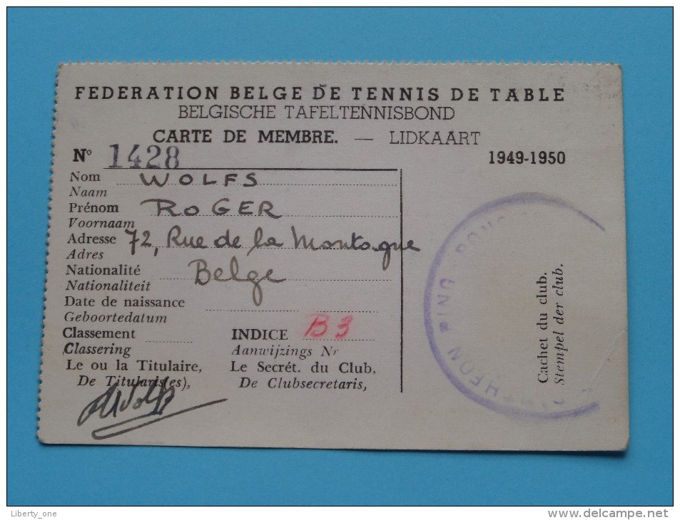 Carte De Membre - Lidkaart WOLFS Bruxelles 1949-50 N° 1428 ( Zie Foto Voor Détails ) ! - Table Tennis