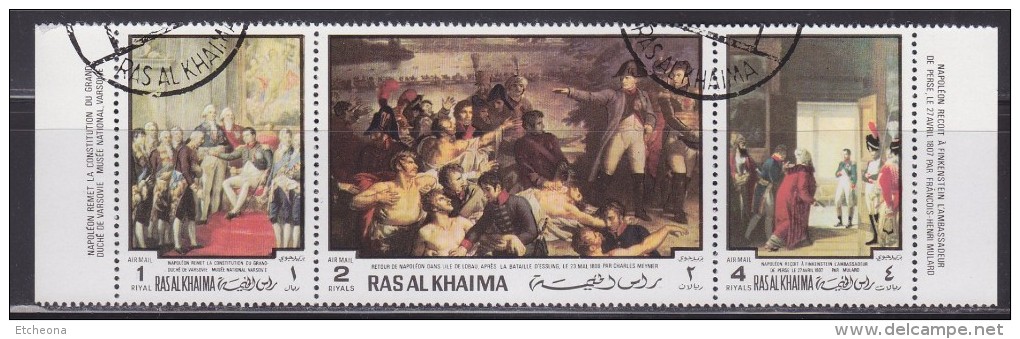 Bande 3 Timbre Ras Al Khaima Oblitéré Retour De Napoléondans L'ile Lobeau Après Bataille D'Essling Par Charles Meynier - Napoléon