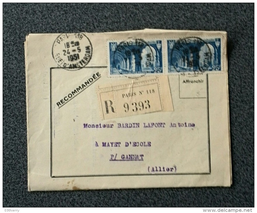 FACTURE ENVELOPPE RECOMMANDEE PARIS 1951 TIMBREE ABBAYE DE SAINT MANDRILLE - Autres & Non Classés