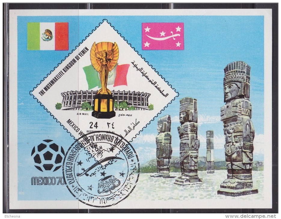 = Bloc 1 Timbre Yémen Oblitéré Non Dentelé Mexico 1970 Stade Trophée Et Statues - 1970 – Mexique