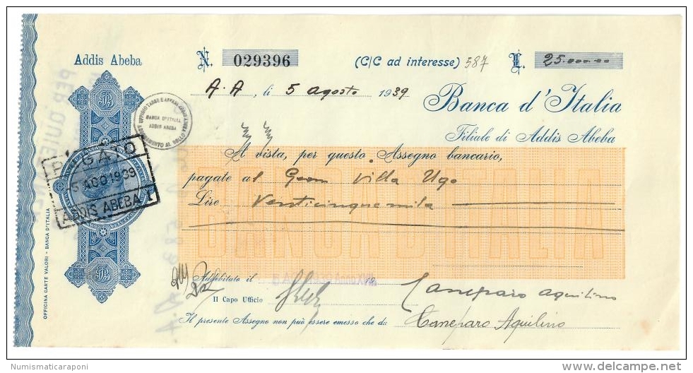 BANCA D'ITALIA ADDIS ABEBA 1939 ASSEGNO BANCA D'ITALIA DA 25000 LIRE DOC.203 - Cheques & Traveler's Cheques