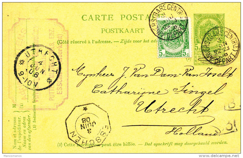 254/24 - Entier Postal Armoiries ANVERS 1908 - Griffe D' Origine ESSCHEN (en Cachet Télégraphique) - Briefkaarten 1871-1909