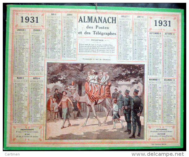 CALENDRIERS DES POSTES PTT 1931 ORIGINAL PROMENADE A DOS DE CHAMEAU - Tamaño Grande : 1921-40